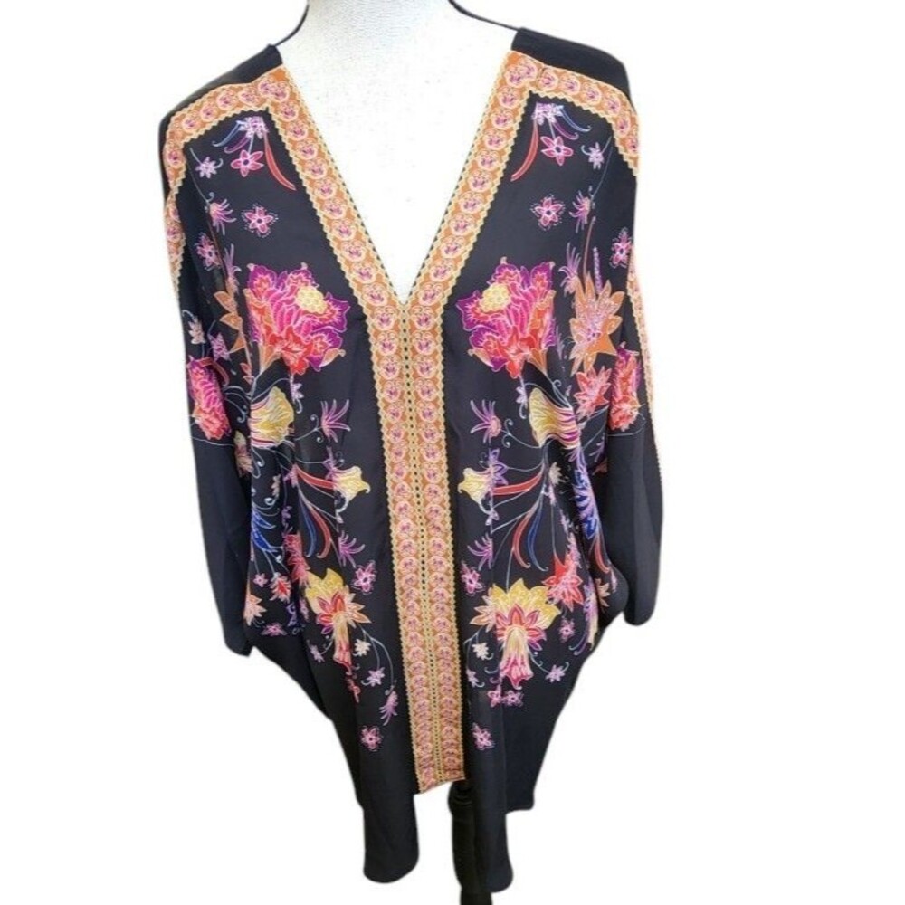 Rose + Olive Floral Kimono Blouse Boho Hippie Size 1X Flowy Artsy